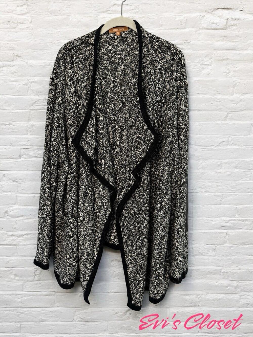 Ellen Tracy Women’s Waterfall Cardigan XL Black White Marled Open Front